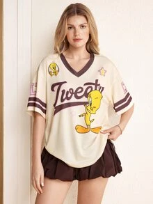 LOONEY TUNES X SHEIN Women's Cartoon Striped Print Short Sleeve T-Shirt - Apricot - View 4