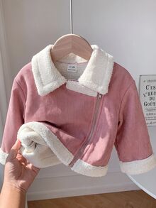 SHEIN 女嬰秋冬可愛百搭拼色保暖內裡人造毛外套 - 粉色 - 查看 6