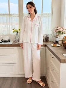 Snug Reverie Fresh Pure White Pleated Texture 2 Pieces Pajama Set, Ruffle Cuff Detail, Comfortable Loose Slouchy Loungewear - Beige - View 4