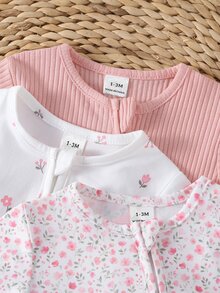 3 Pieces Newborn Footed Rompers, Cute Ribbed Plain Knit Mid-Stretch Comfortable Soft Floral Print Pattern, Best Gift For Newborns - Multicolor - View 5