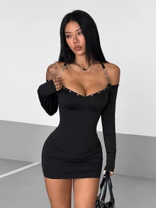 StreetHx Women's Off-Shoulder Criss-Cross Strap Metal Ring Decor Bodycon Mini Dress - Black - View 4