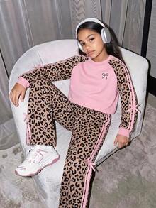 SHEIN 2件組 青少年女孩休閒長袖衛衣與側邊蝴蝶結羅紋針織長褲套裝 - 棕色 - 查看 3