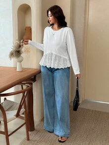 Lounesse Plus Size Women's Burnout Embroidery Casual Versatile Everyday T-Shirt Fall - White - View 5
