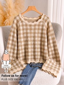 CosyJoli Sweater Lengan Panjang Kasual Serbaguna untuk Wanita Ukuran Besar, Motif Kotak-kotak, Cocok untuk Pemakaian Sehari-hari di Musim Dingin. - Aprikot - View 2