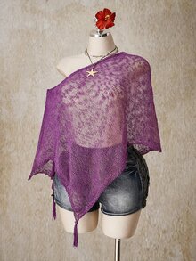 SHEIN ICON 女款大尺碼不對稱下擺流蘇設計寬鬆針織上衣 - 紫色 - 查看 3