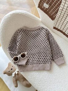 SHEIN 可愛卡通刺繡嬰兒毛衣，圓領設計保護嬌嫩肌膚，長袖套頭衫穿脫方便，休閒簡約風格打造寶寶時尚最愛，柔軟親膚面料陪伴寶寶快樂成長 - 卡其色 - 查看 2