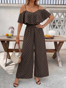 SHEIN Clasi 女款波點圖案荷葉邊露肩時尚連身褲，適合度假 - 彩色 - 查看 5