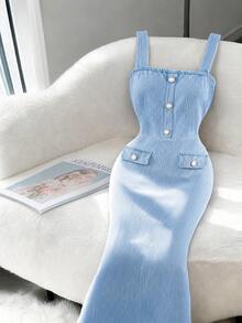 Selianne Women's Fashion Vacation Button Denim Dress - Blue - View 4