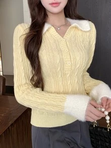 DAZY Women's Contrast Color Lapel Long Sleeve Button Half-Placket Casual Sweater Fall - Yellow - View 9