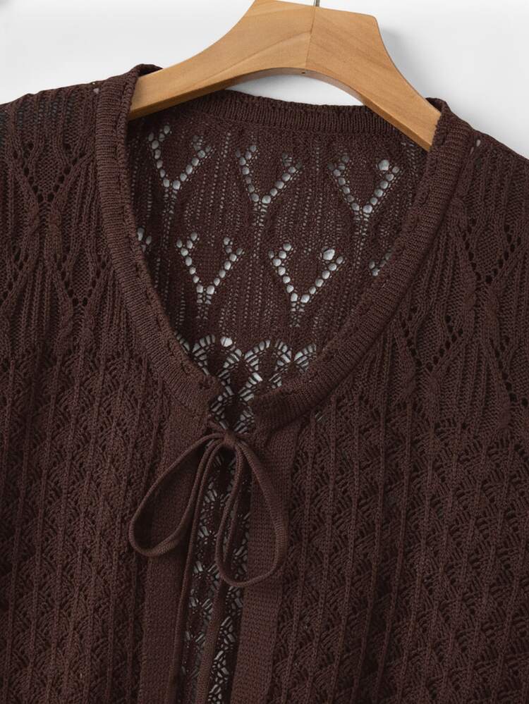 GlowEve CURVE Plus Size Women's Versatile Elegant Hollow Out 3/4 Sleeve Round Neck Tie Bow Cardigan, Autumn Daily Multi-Occasion Wear, Commute Elegant - Coffee Brown - View 6