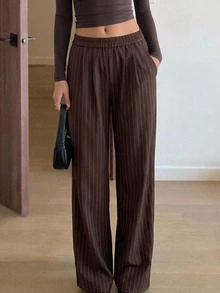 Strévra Women's Striped Casual Versatile Daily Wear Long Pants Fall - Burgundy - View 5