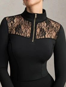 Activina 女款蕾絲拼接休閒日常馬術長袖上衣 - 黑色 - 查看 8