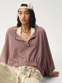Bohemela Women's Solid Color Notched V-Neck Batwing Long Sleeve Loose Casual Sweatshirt - Khaki - View 1