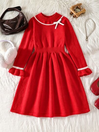 SHEIN Tween Girl Autumn/Winter Fashion Heavy Craft Knit Sweater Long Sleeve Dress With Bow, Red Classic Elegant Dress, Collared School Style Noble Elegant, Suitable For Various Occasions Like School, Outings, Etc.