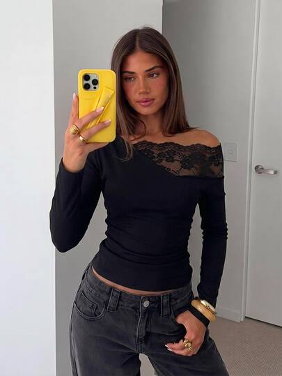 Siren Gaze Autumn New Cold Shoulder Lace Patchwork Long Sleeve T-Shirt For Women Night Out Going Out Black Sexy