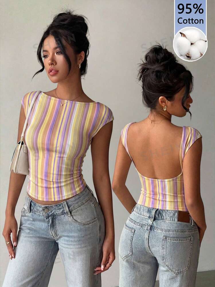 Aloruh Women's Backless Colorful Striped T-Shirt - 95% Cotton, French Elegant, Vacation, Vintage Soft Girl Style, Early Autumn Colorful Striped Versatile Inner Layer T-Shirt - Multicolor - View 1