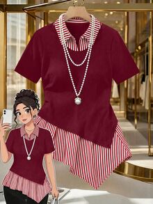 GlowEve CURVE Atasan Wanita Ukuran Besar dengan Motif Garis-Garis dan Potongan Asimetris - Merah - View 1