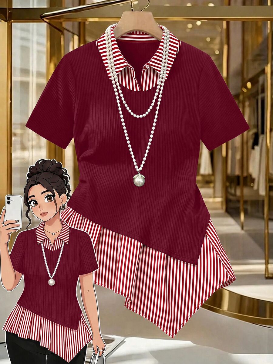 GlowEve CURVE Atasan Wanita Ukuran Besar dengan Motif Garis-Garis dan Potongan Asimetris - Merah - View 1
