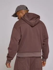 Musero Oversized Funnel Neck Button Placket Jersey Zip Up Hoodie Patch Kangaroo Pocket Detail Spring Summer Essentials Co Ord Jacket Only - Coffee Brown - View 4