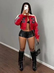 Slaydiva Jaket Varsity Pendek Wanita Warna Merah Putih Blok Kulit Imitasi Nomor 2 Nomor 3 Bordir Kancing Jepret Manset Rib Longgar Gaya Y2K Hip Hop Baseball Bomber Coat - Red and White - View 9