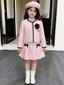 Toddler Girls Set Polyester Round Neck Long Sleeve Button Front Bow Short Regular Fit Jacket Set Fall/Winter Multicolor - Multicolor - View 3