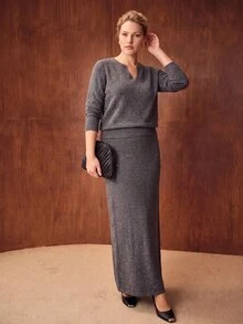 MOTF PREMIUM PLUS SIZE WOOL NOTCH NECK SWEATER - Dark Grey - View 7