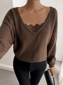 DAZY Women's Vintage Fashion Lace Patchwork Long Sleeve Sweater Fall - Brown - View 7