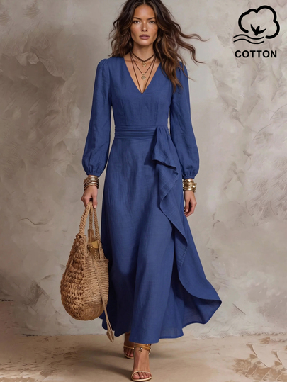 Solivie Women's Elegant Pure Cotton Romantic V-Neck Ruffle Long Sleeve Dress, Bohemian Style, Suitable For Party, Vacation, Tea Party, Beach, Banquet, Holiday