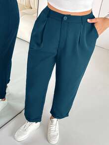 SHEIN Essnce Plus Size Casual Versatile Solid Color Pants - Blue - View 6