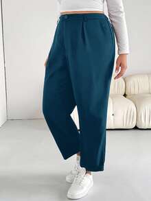 SHEIN Essnce Plus Size Casual Versatile Solid Color Pants - Blue - View 4