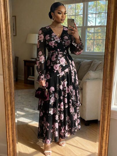 SHEIN Lady CURVE Plus Size Elegant Commuter Floral Print Dress