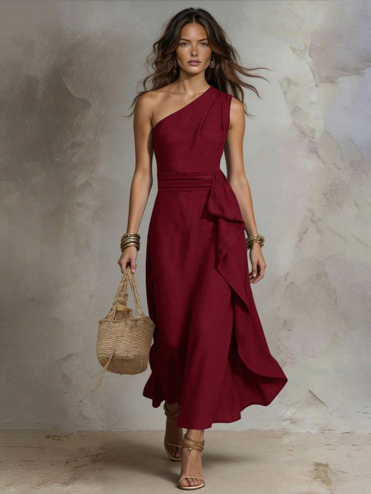 Solivie Women's Solid Color One Shoulder Sleeveless Patchwork Ruffle Elegant Long Dress - Red - View 3