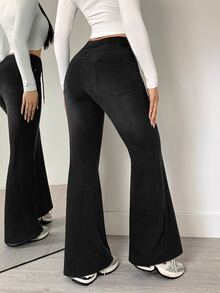 Flexra Vintage Gradient Washed Comfortable Elastic Drawstring Waist Distressed Denim Loose Flared Pants Four-Way Stretch Slimming Leg-Lengthening Bell Bottom Long Pants Commute Slouchy Casual Super Soft Jeans - Black - View 3