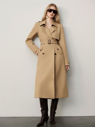 SHEIN Women's Trench Coat A-Line Slim Fit Double Breasted Lapel Belted Elegant Business Camel Fall Clothes For Women Thanksgiving