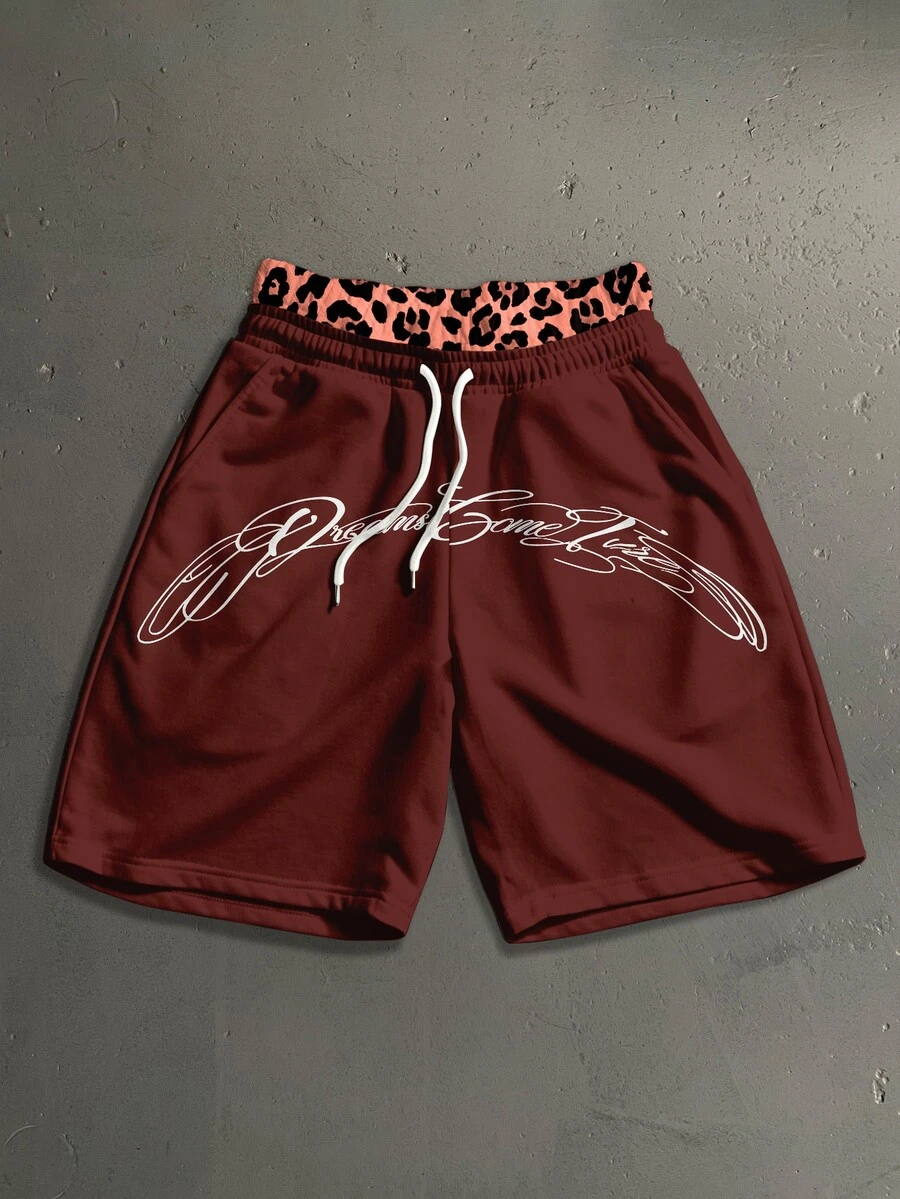 Manfinity Roghcode Men's Leopard Print Patchwork Double Layer Waist Shorts - Red - View 1