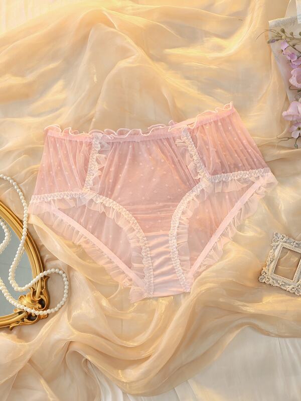DelicateAllure Pink Wedding Season Polka Dot Mesh Patchwork Contrast Color Ruffled Lace Pure Elegant Plus Size Panties