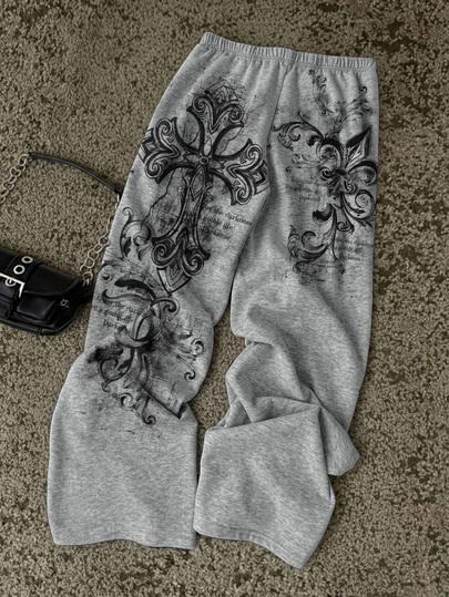 Attitoon Women's Casual Minimalist Retro Punk Y2K Versatile Party Cross Pattern Distressed Print Sweatpants, Music Festival Outfit, Gothic Style, Women's Autumn Clothing, Autumn Outfit, Women's Commute Outfit, All-Match Top, Going Out Outfit, Airport Outfit