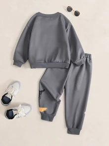 LOONEY TUNES X SHEIN Young Boy Cartoon Pattern Crew Neck Long Sleeve Sweatshirt And Sweatpants Set - Dark Grey - View 2
