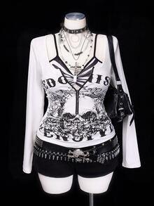 Sunspun Plus Size Subculture Vintage Skull Slim Fit Long Sleeve T-Shirt Fall - White - View 3