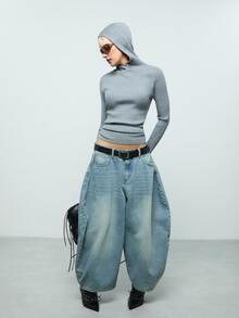 COUREZ Cropped Baggy Balloon Jeans In Washed Blue /Y2K Clothes Fall Winter Outfits For Women Shorts For Women Women Jeans Denim Pants For Women  - Medium Wash - View 4