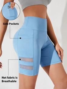 SHEIN Sports Women's Mesh Patchwork Casual Daily Sports Shorts With Pockets - Sky Blue - View 3