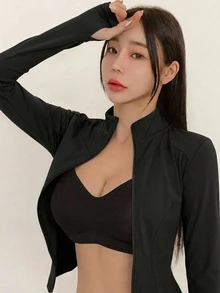 DAZY 女款純色彈性小立領修身長袖夾克，運動休閒，春秋款 - 黑色 - 查看 4