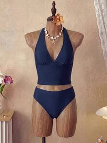 SHEIN Swim 女款兩件式純色修身細肩帶綁帶比基尼套裝，可愛三角泳褲，休閒優雅海灘度假比基尼套裝，情人節派對背心比基尼套裝，度假海灘穿搭 - 藏蓝色 - 查看 4