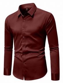 Manfinity Mode Men's Casual Versatile Solid Color Long Sleeve Shirt - Redwood - View 3