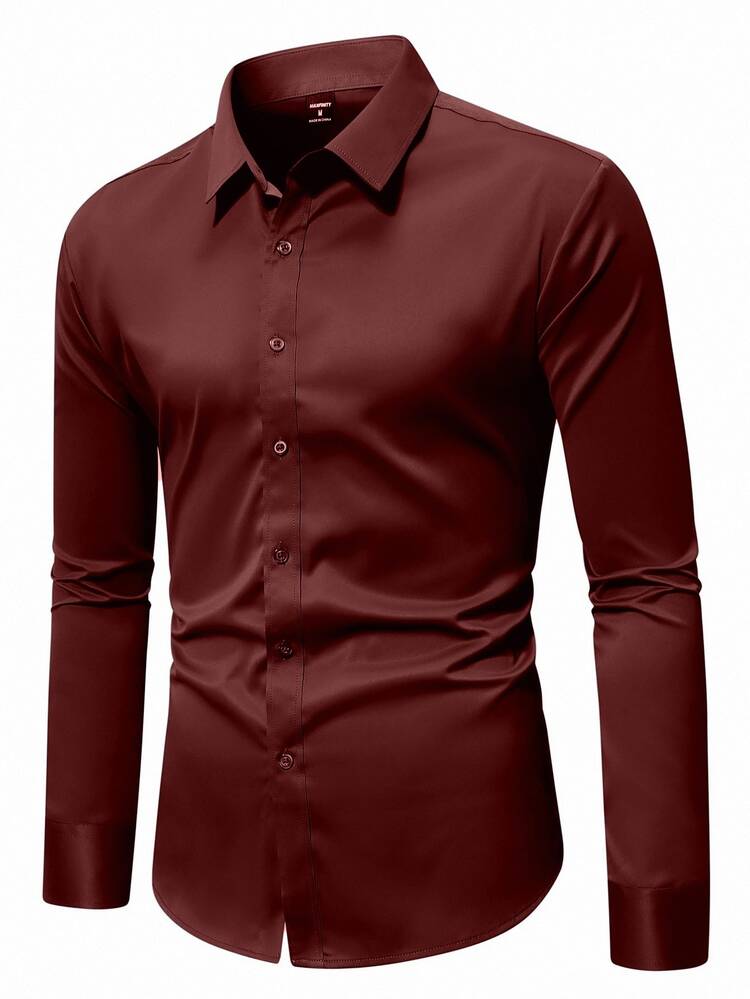 Manfinity Mode Men's Casual Versatile Solid Color Long Sleeve Shirt - Redwood - View 3