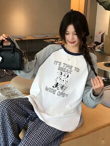 DAZY Women's Round Neck Long Sleeve Color Block Korean Style Girly Aesthetic T-Shirt Oversized Tshirts For Women Fall - Grey - View 12
