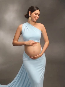 Cheriluna Maternity 優雅孕婦流暢緞帶攝影套裝，適合嬰兒洗禮派對拍照，嬰兒藍色，冬季款 - 淺藍色 - 查看 4