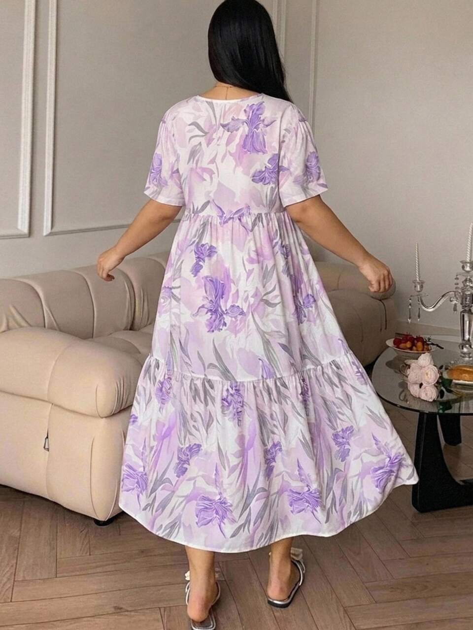 Dazy Plus Floral All-Over Print Gentle Purple Loose Elegant Long Nightgown Loungewear