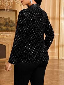 SHEIN Lady 女款鑽石格紋絎縫休閒百搭通勤西裝外套 - 黑色 - 查看 2
