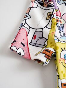 SpongeBob SquarePants | SHEIN Young Girl Cartoon Print Short Sleeve Top And Long Pants Casual Daily Home Pajama Set - Multicolor - View 4